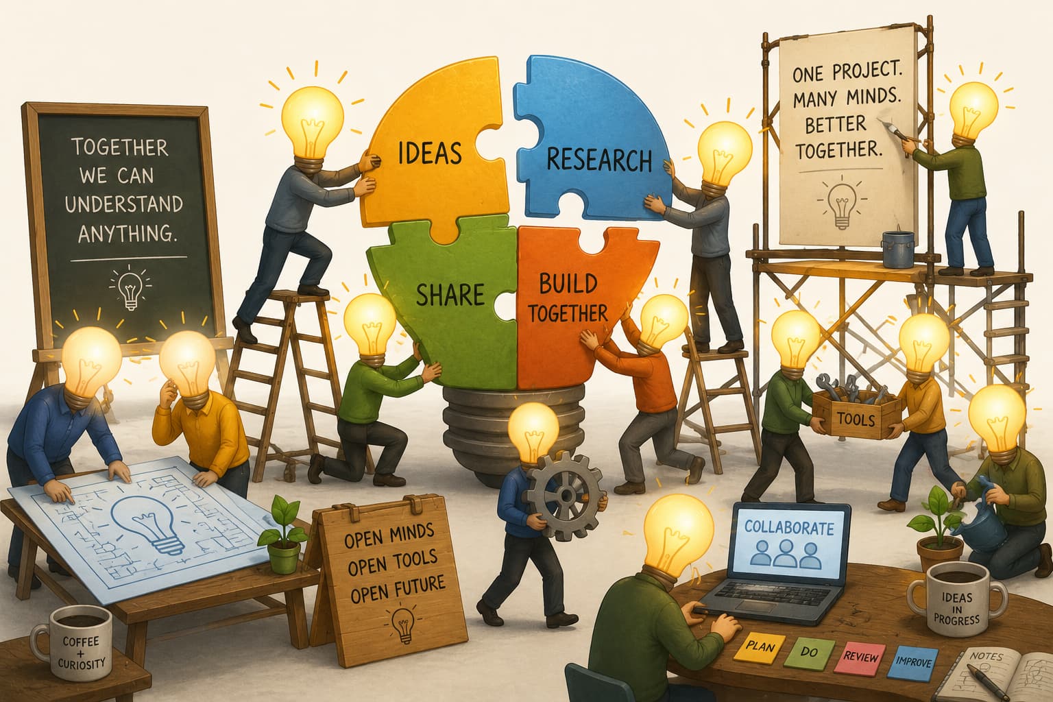 Researchers combining ideas, research, sharing, and collaboration into one open scientific project