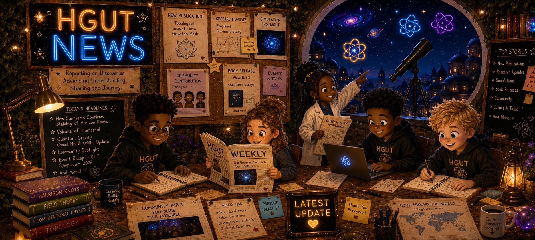 Whimsical HGUT newsroom filled with young scientists, research notices, astronomy displays, books, and community updates