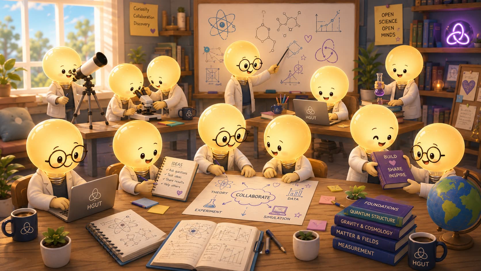 A warm animated laboratory filled with collaborators