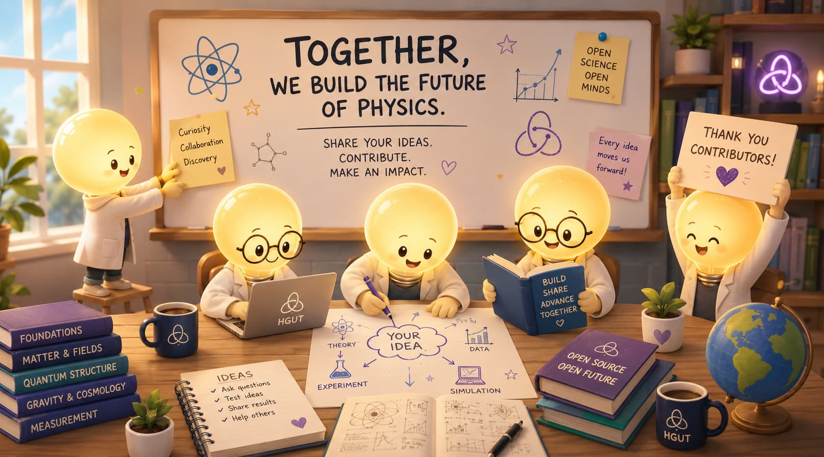 Animated scientists collaborating around a table