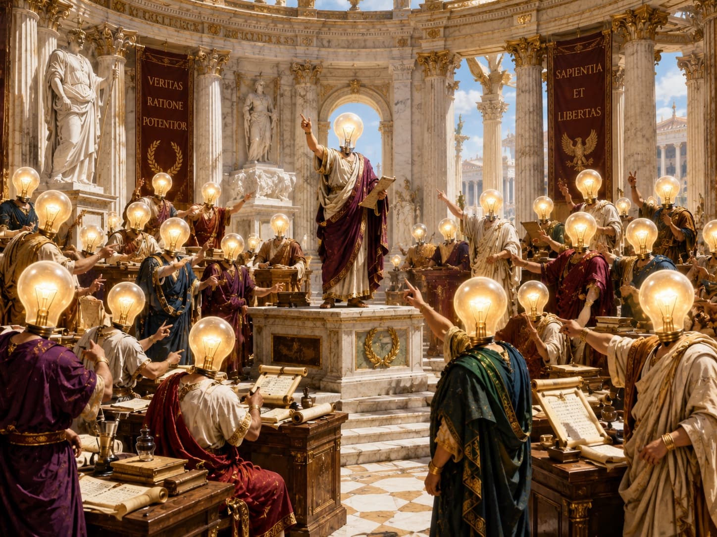 A formal marble academy where scholars examine ideas together