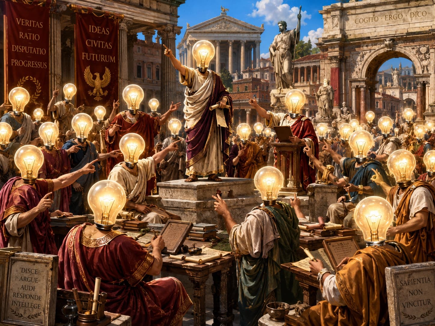 A public Roman forum filled with scholars debating ideas